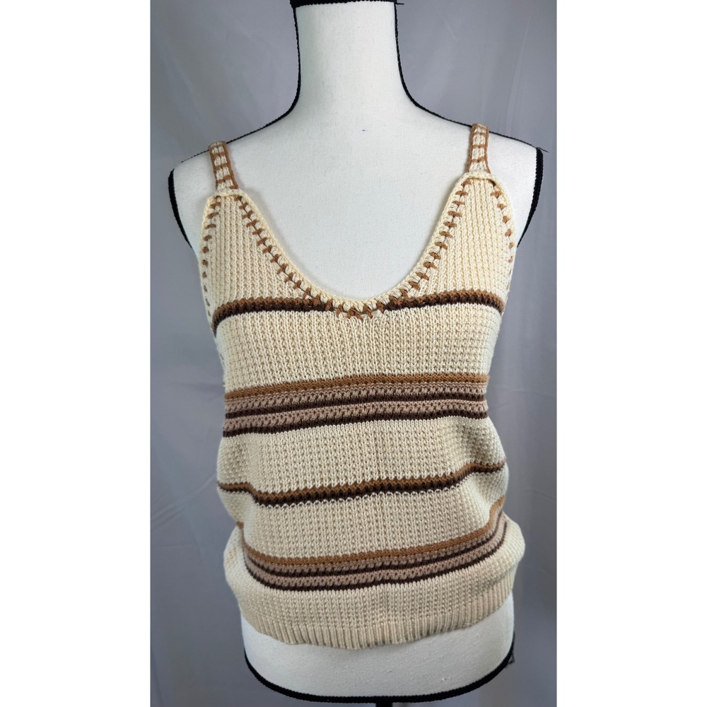 Fab'rik Knit Tank Top Womens M/L Cream Striped Excellent Crochet Trim V-Neck